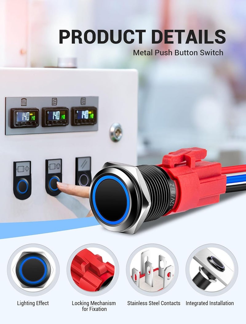 SARDVISA 2PCS 16mm Latching Push Button Switch, 12V DC On Off Self-Locking with Wire Socket Plug, Power Button Switch with LED Angel Eye Head for 0.63" Mounting Hole (Blue LED/Black Shell) - Image 3